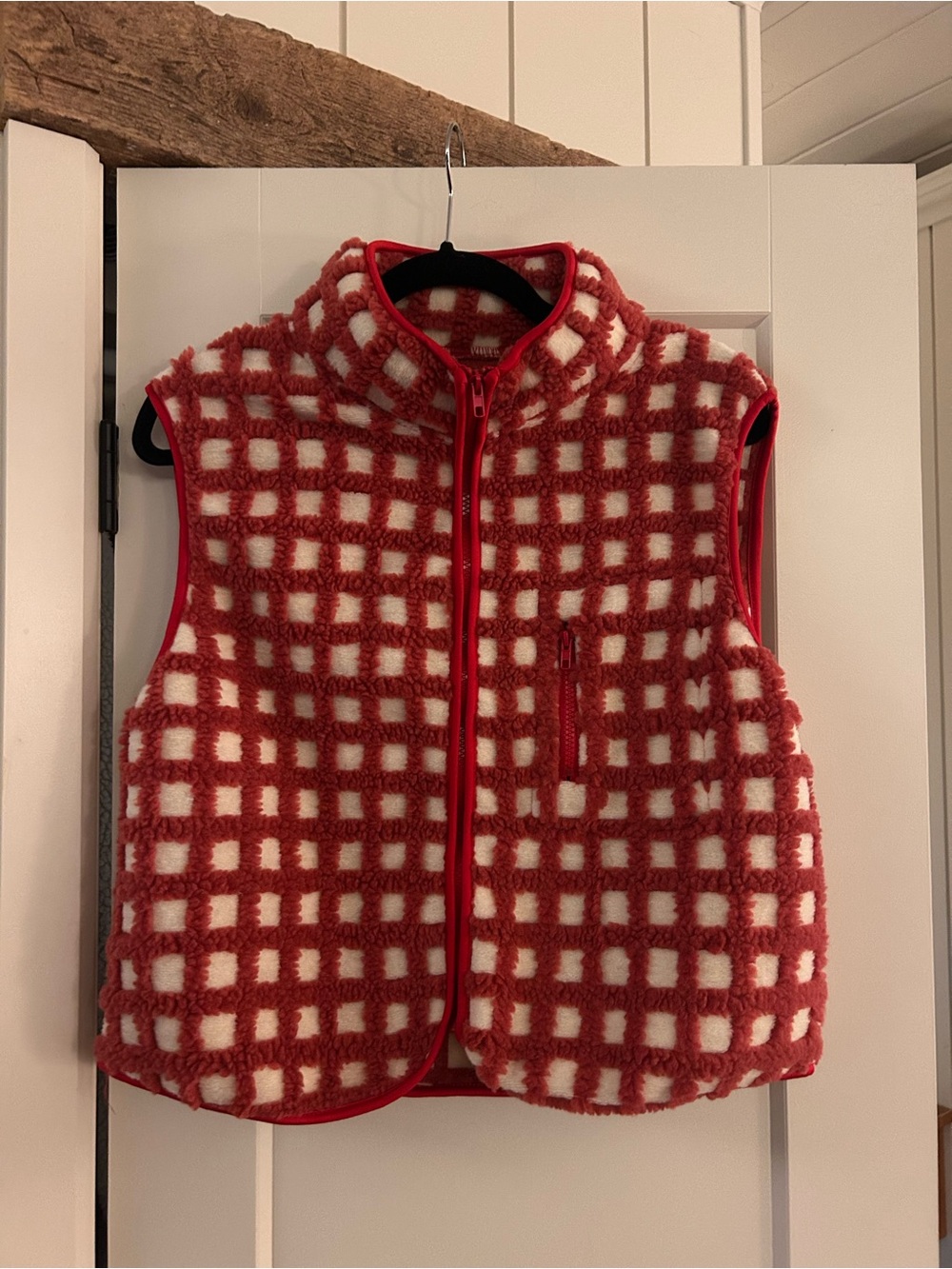 Source Unknown Red and White Check Plush Vest